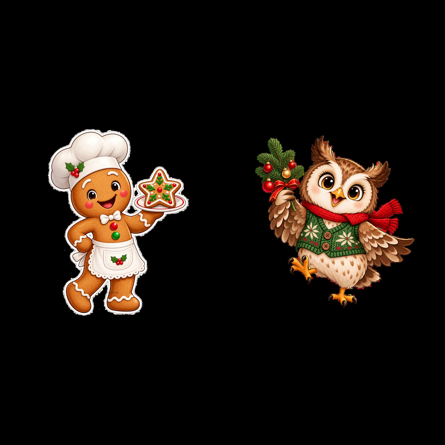Gingerbread chef holding a cookie with a festive owl character - AI-generated stock image