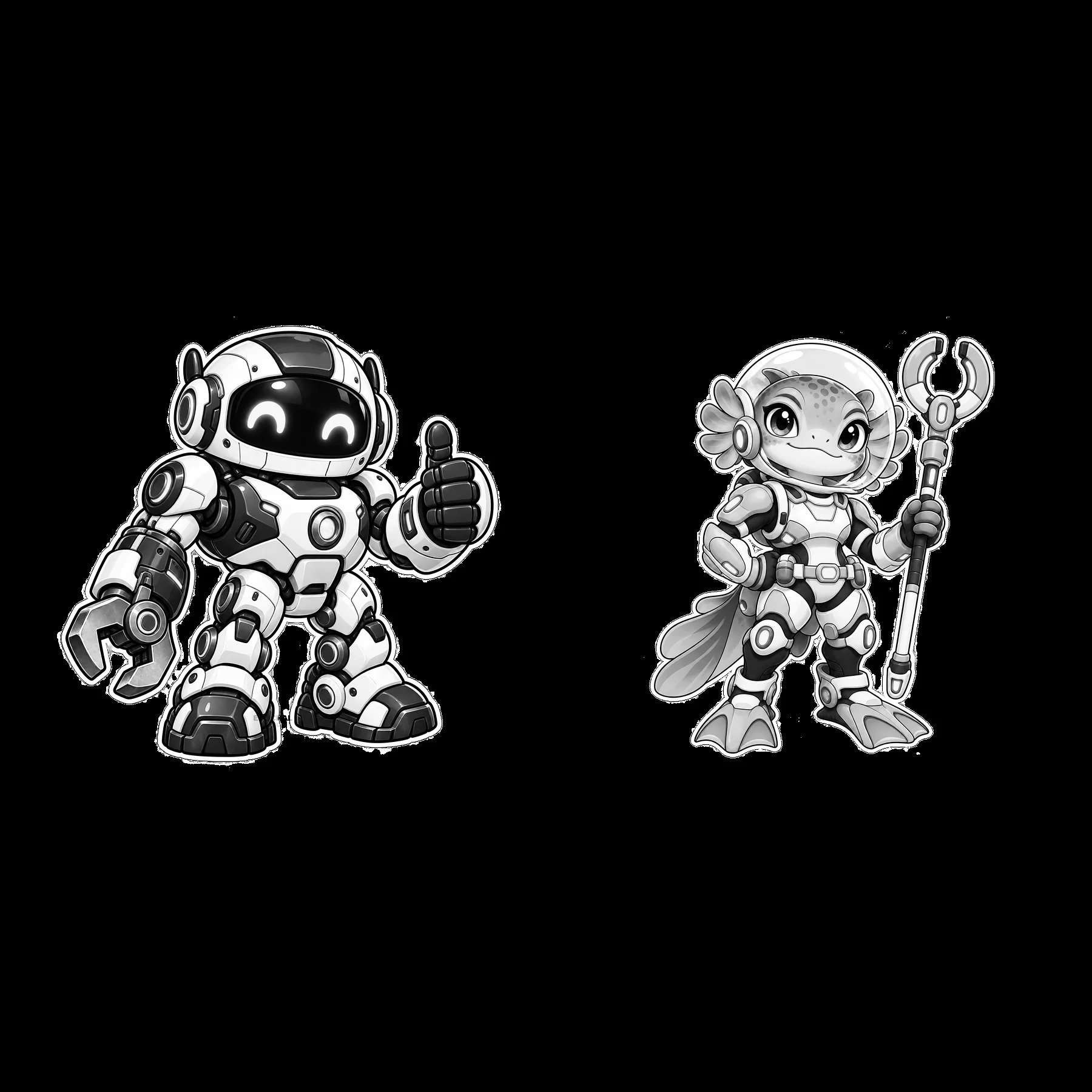 Kawaii futuristic super-soldiers in black-and-white illustration - AI-generated stock image