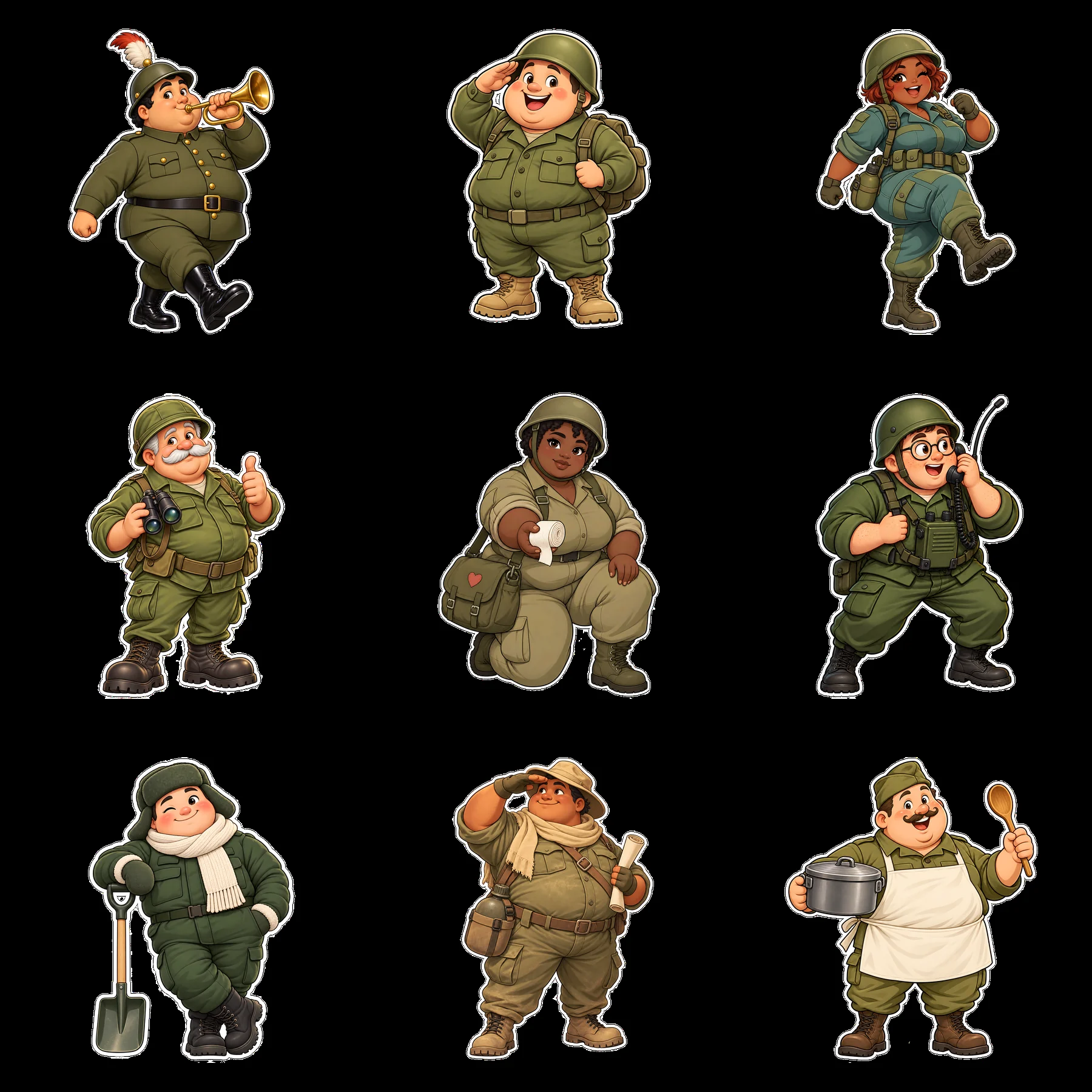 Chubby cartoon soldiers with various expressions and props - AI-generated stock image
