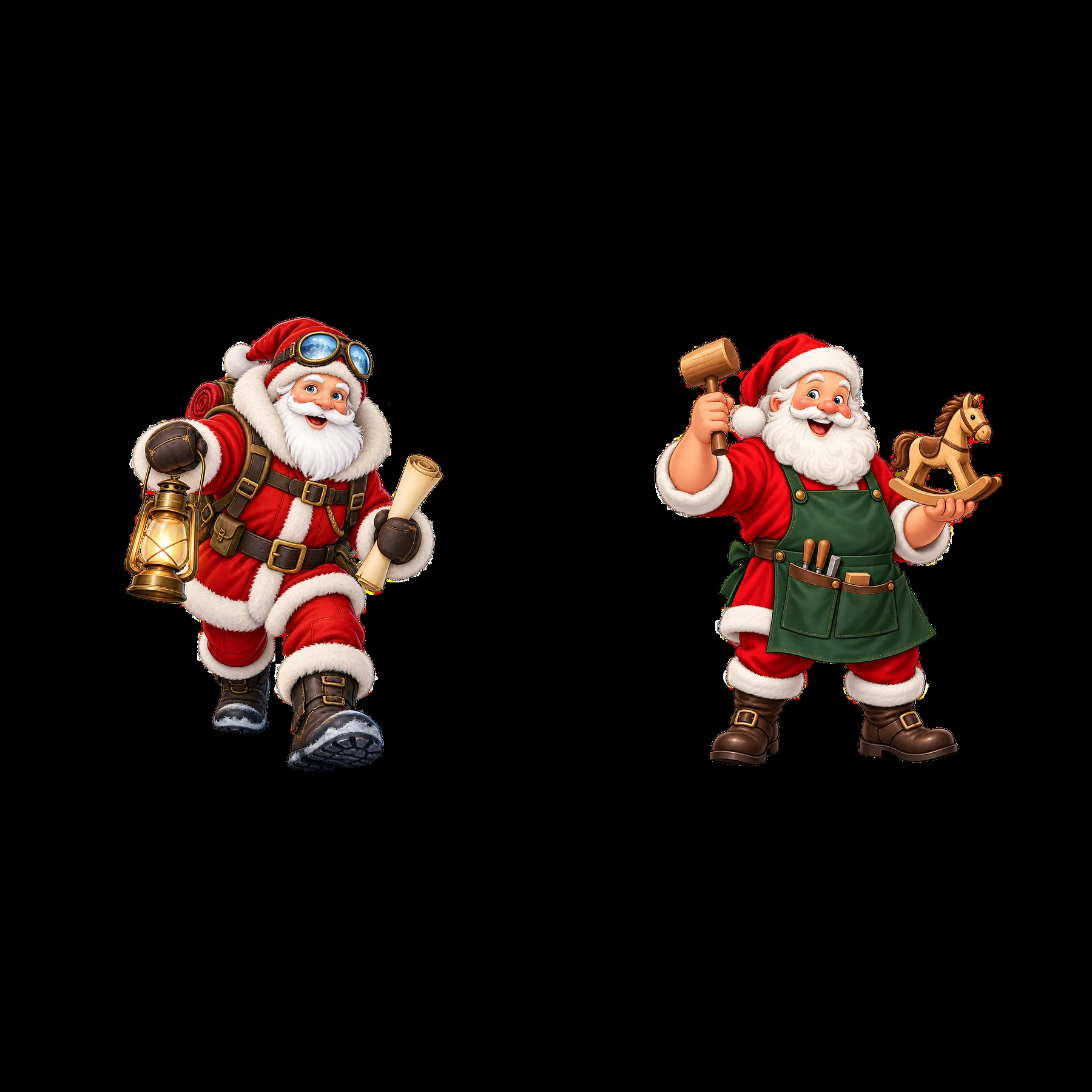 Santa Claus carrying a lantern and Santa with a toy horse - AI-generated stock image