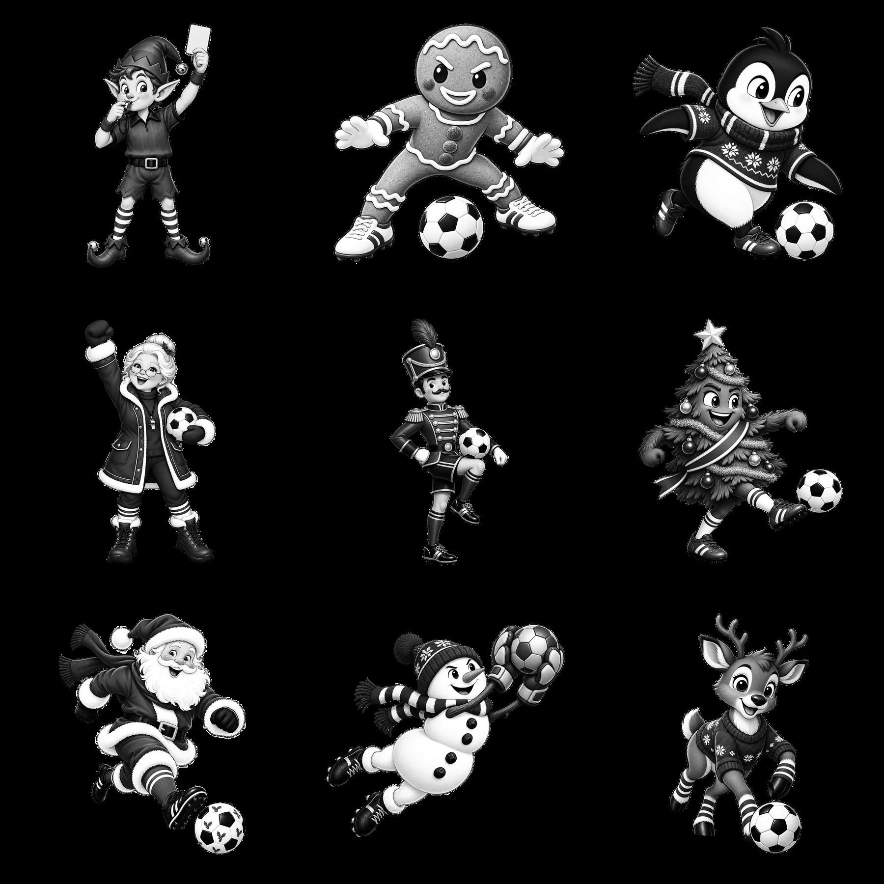 Christmas soccer characters playing in black and white - AI-generated stock image