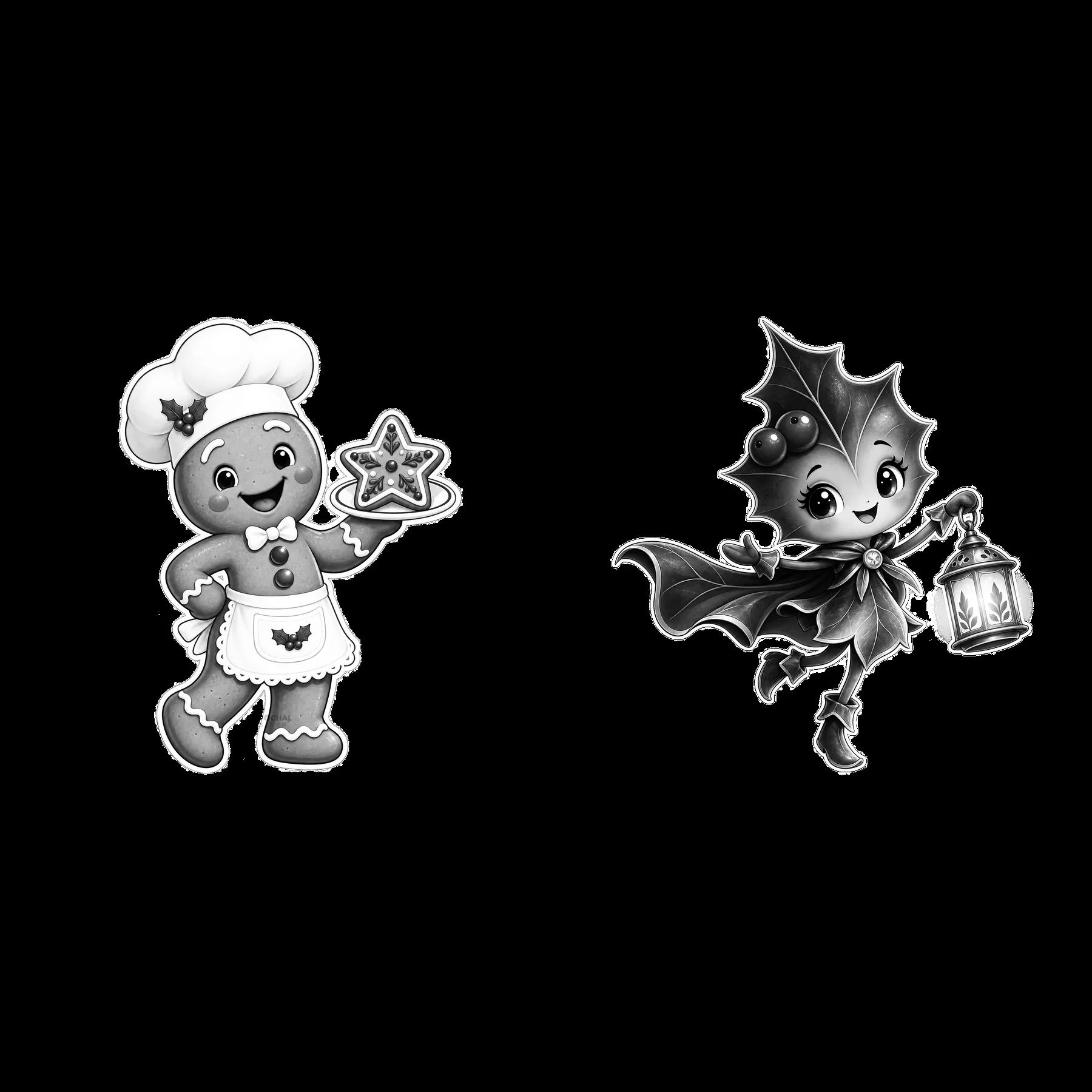 Gingerbread character with cookie and holly fairy with lantern - AI-generated stock image