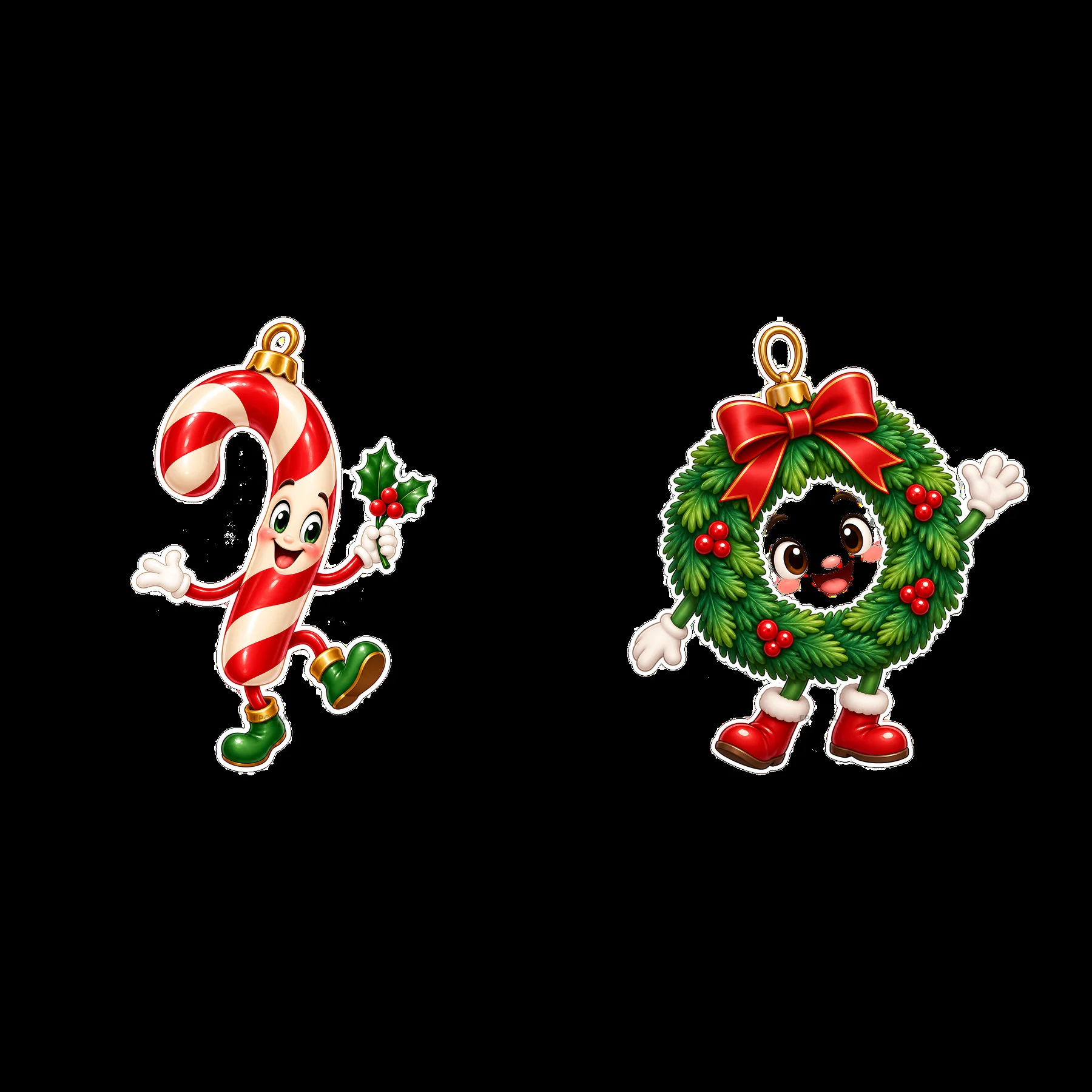 Candy cane and Christmas wreath cartoon ornaments with faces - AI-generated stock image