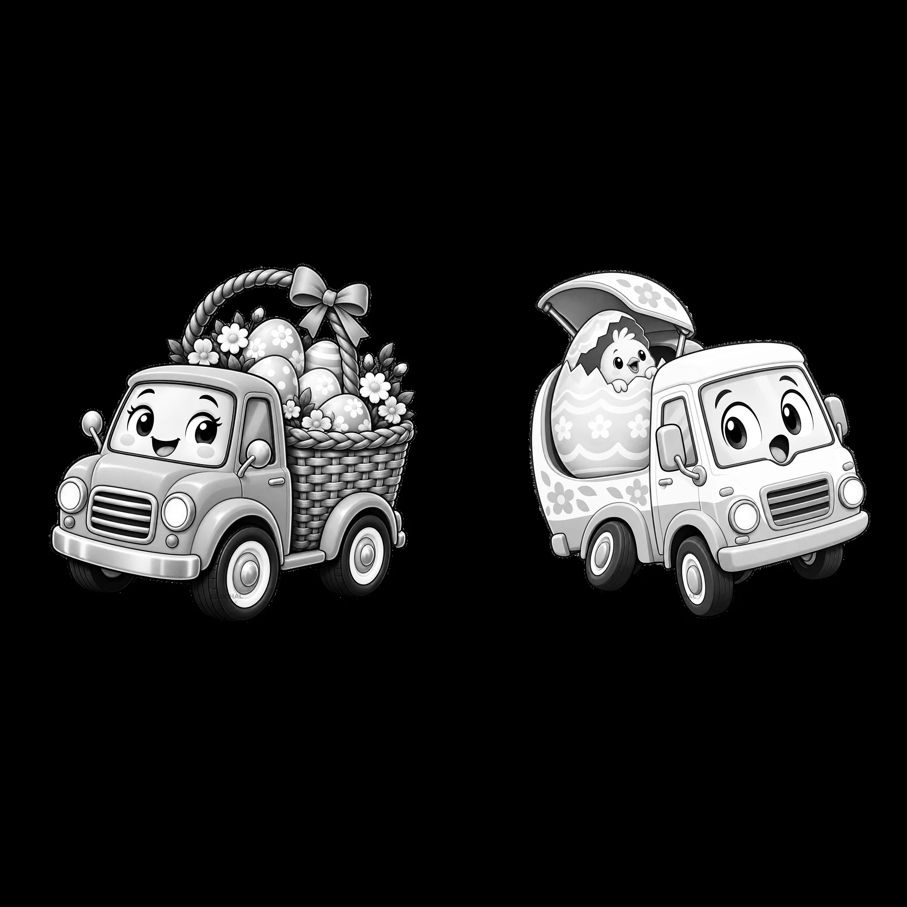 Easter trucks carrying baskets and eggs with cute characters - AI-generated stock image