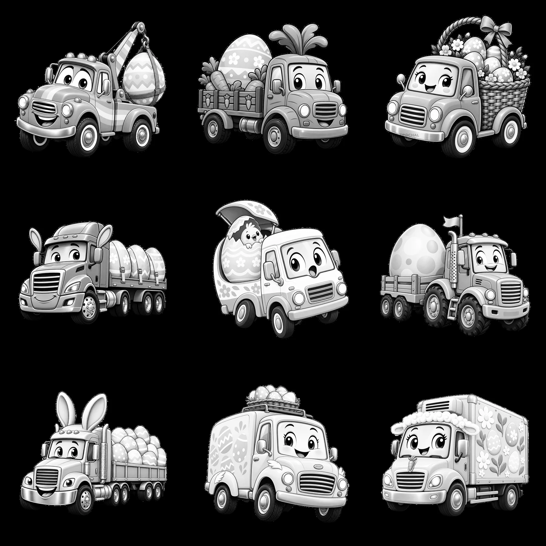 Easter themed trucks carrying eggs and baskets in monochrome style - AI-generated stock image