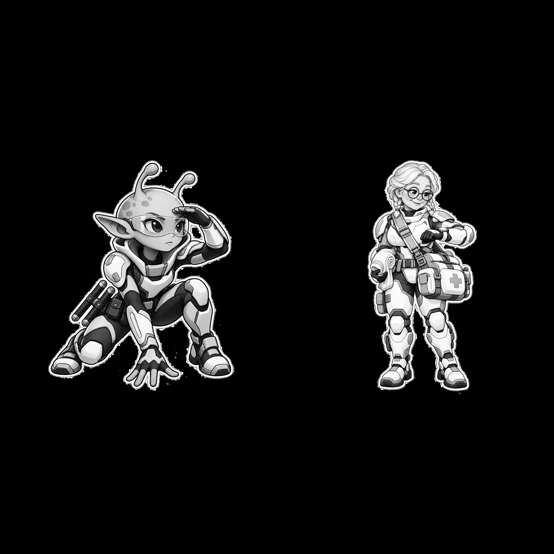 Kawaii futuristic super-soldier duo with weapons and medical gear - AI-generated stock image