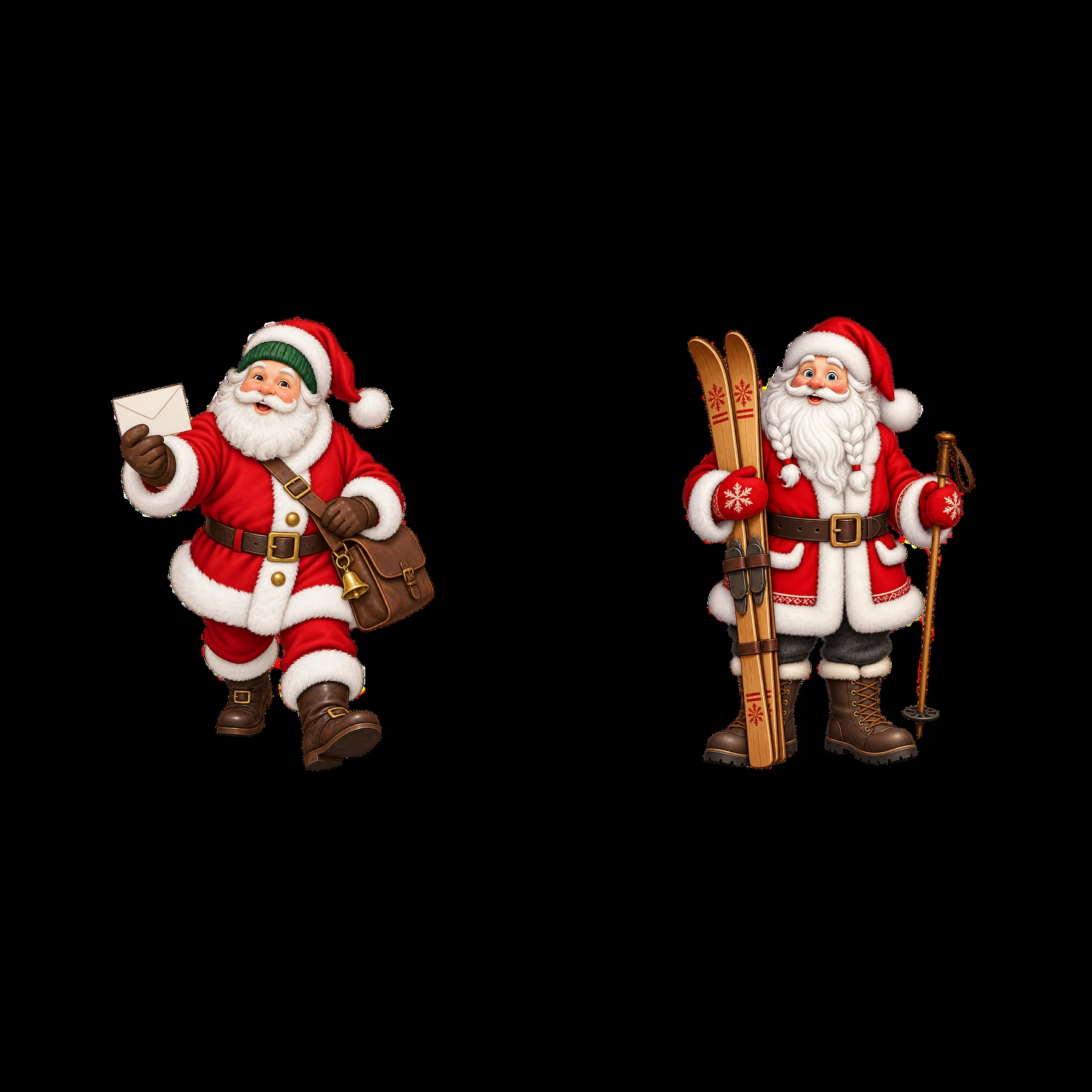 Santa Claus with an envelope and Santa Claus with skis - AI-generated stock image
