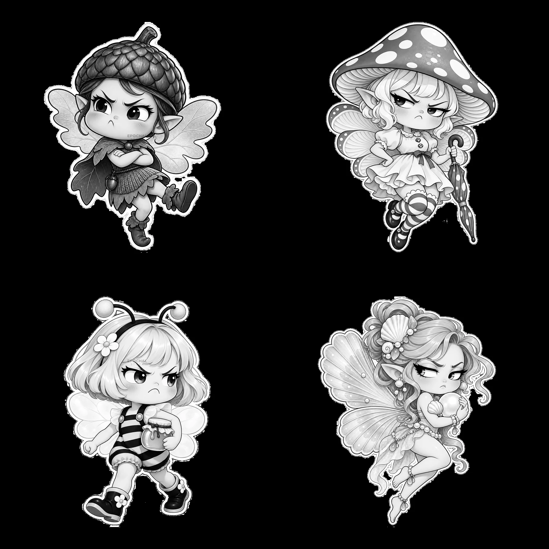 Diverse black and white grumpy fairy kawaii stickers - AI-generated stock image