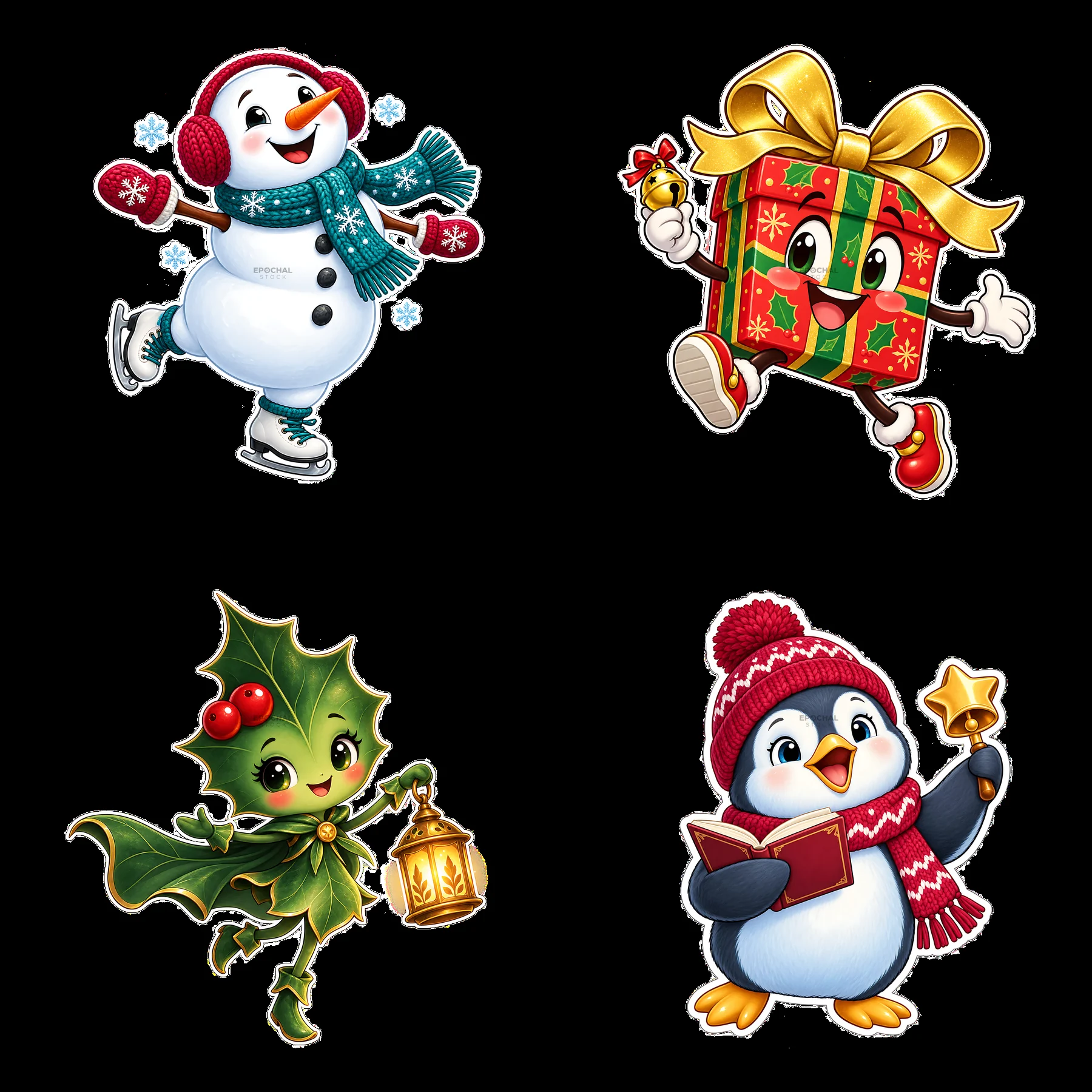 Four cheerful cartoon characters celebrating Christmas - AI-generated stock image