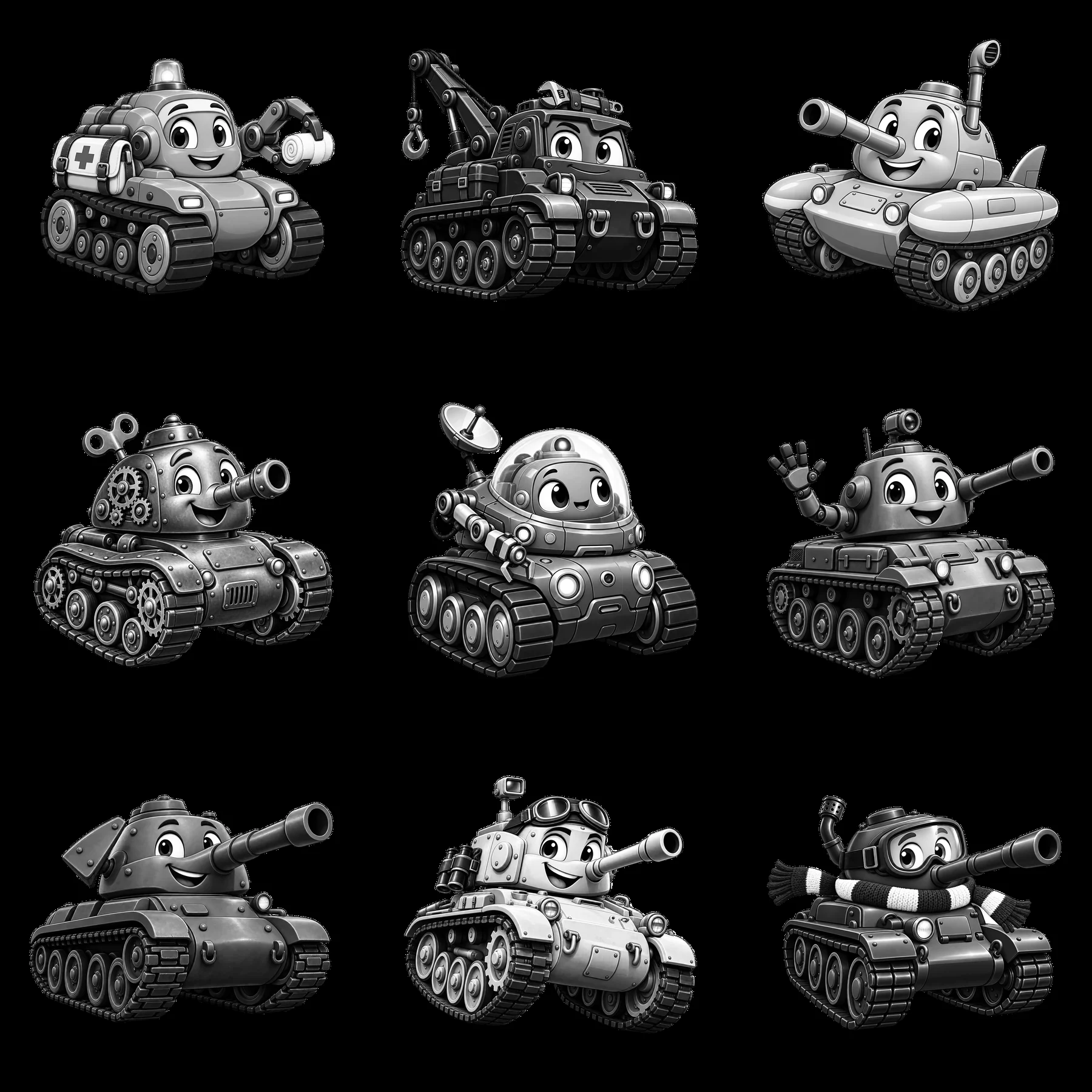 Cartoon tanks in a grid with various designs and expressions - AI-generated stock image