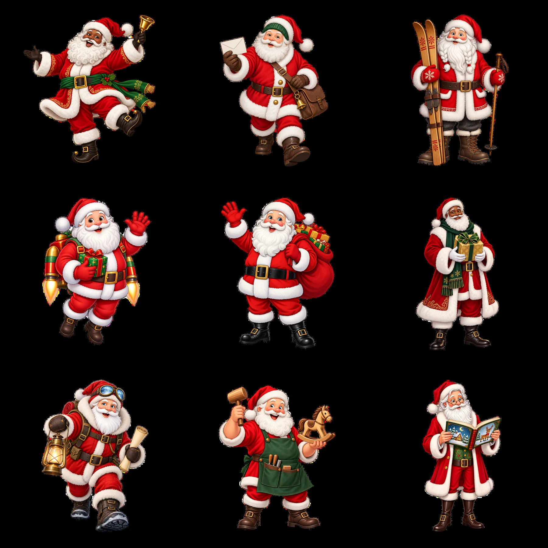Santa Claus characters in various festive activities - AI-generated stock image