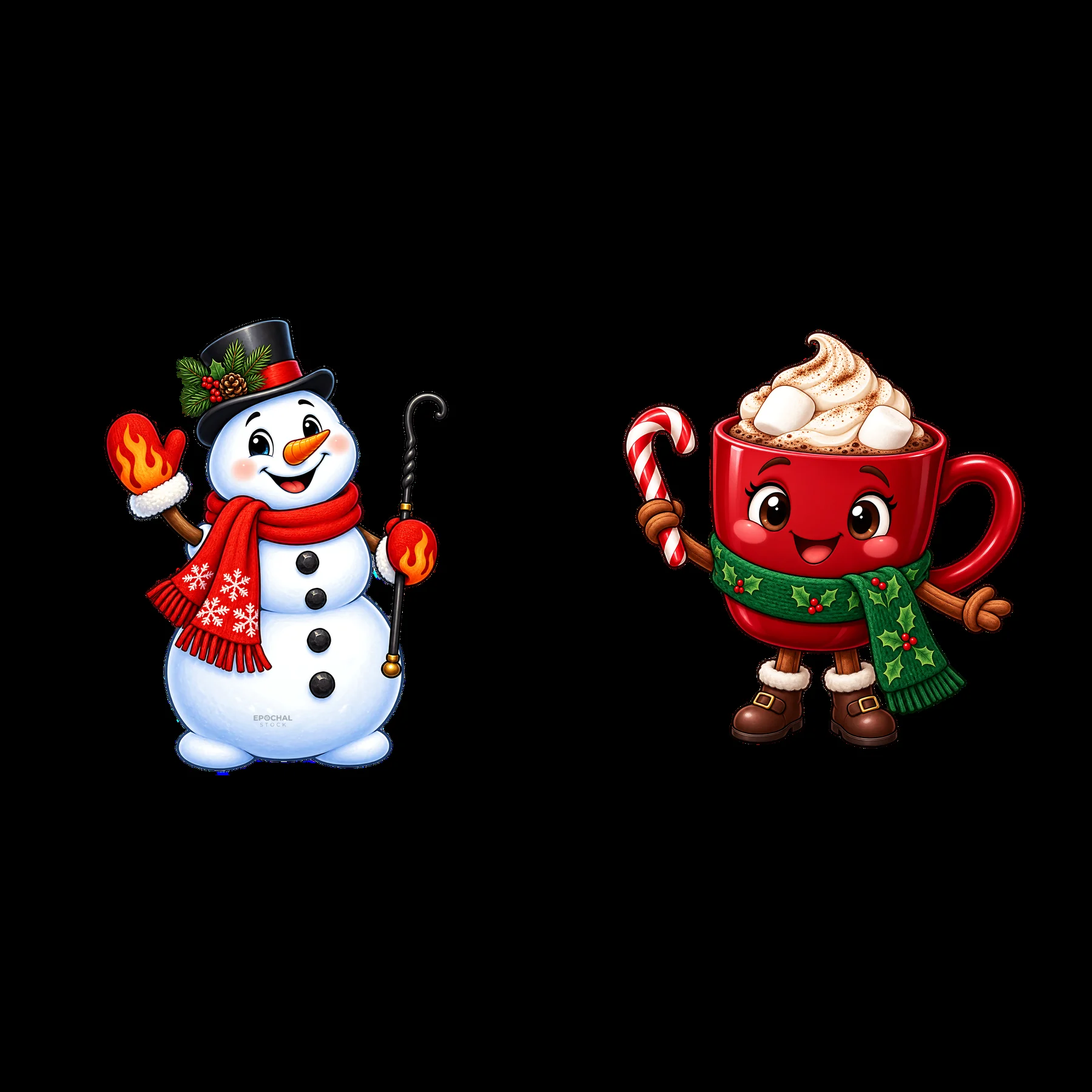 Snowman with warm gloves and hot chocolate cup with candy cane - AI-generated stock image