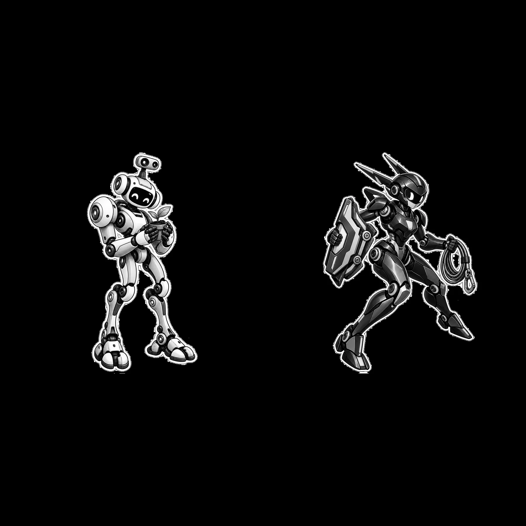 Mech robots in action, one with tools and the other holding a shield - AI-generated stock image