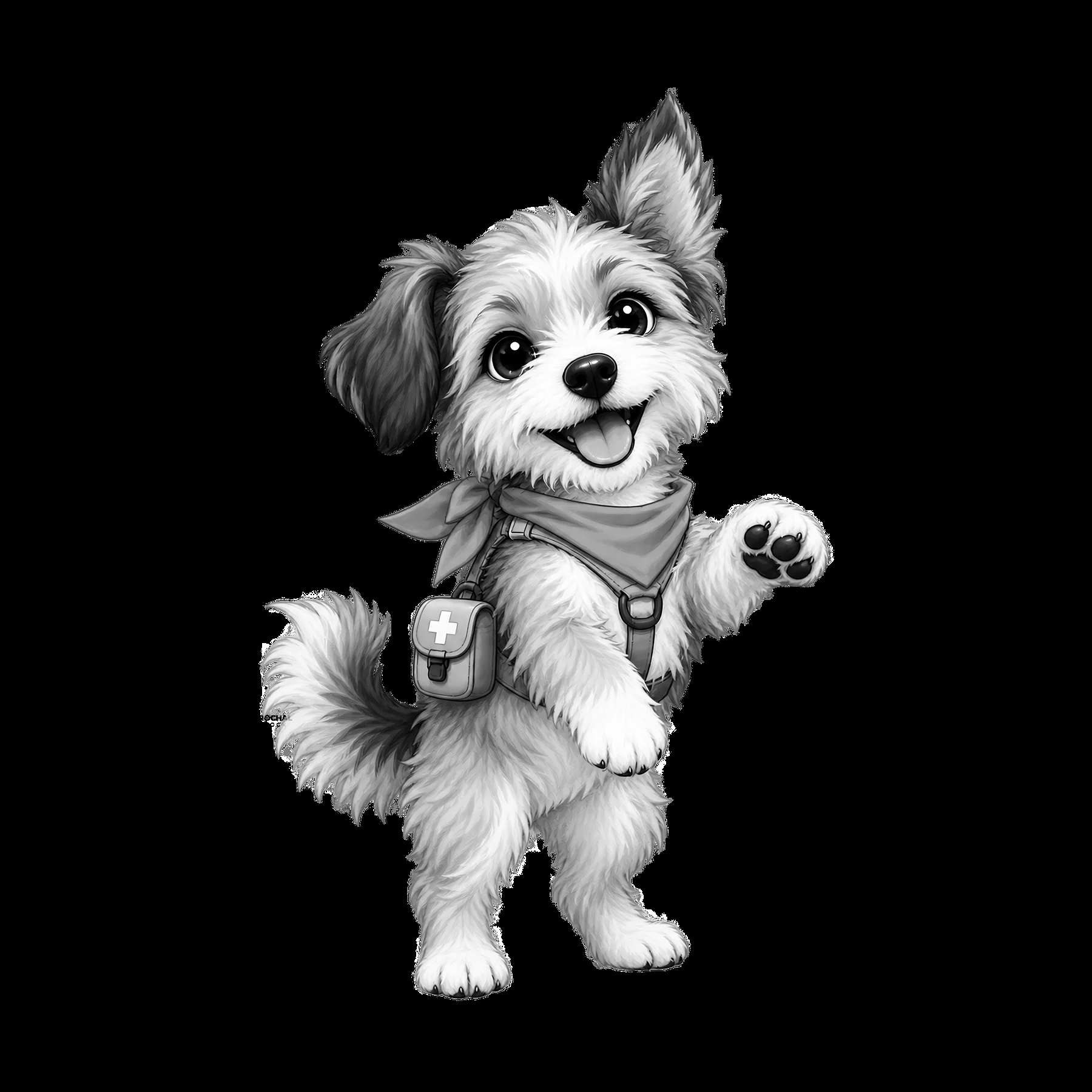 Cute K-9 dog with a first aid bag and scarf standing on two legs - AI-generated stock image