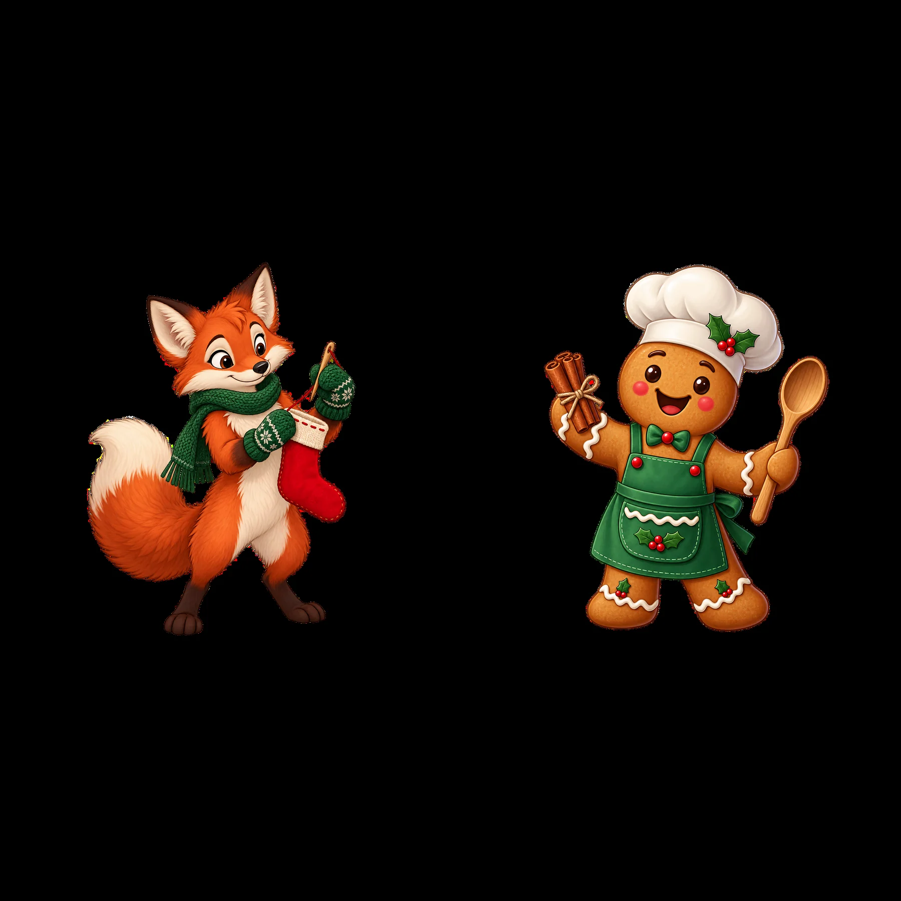 Christmas fox with stocking and gingerbread chef holding spoon - AI-generated stock image