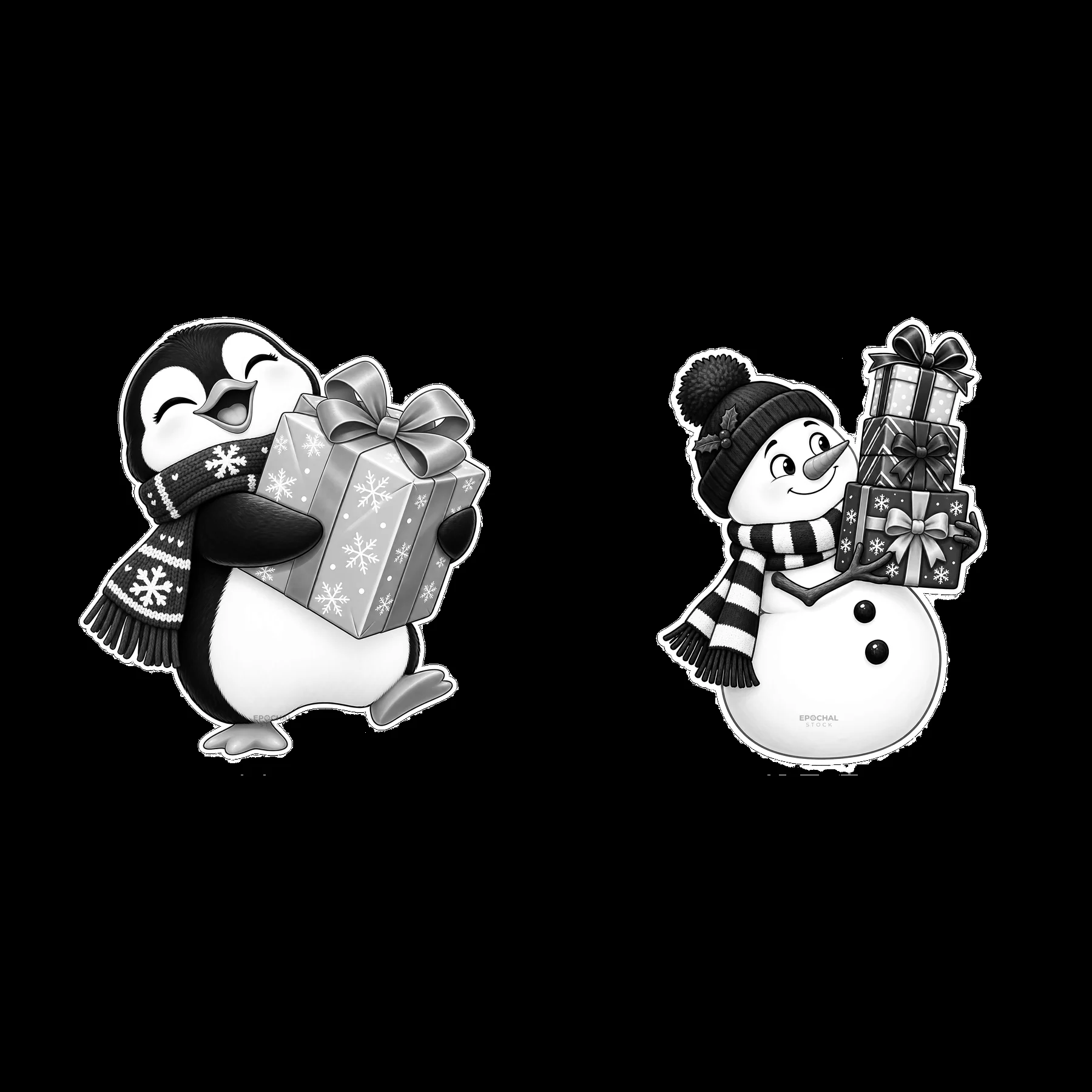 Penguin and snowman joyfully holding Christmas presents - AI-generated stock image