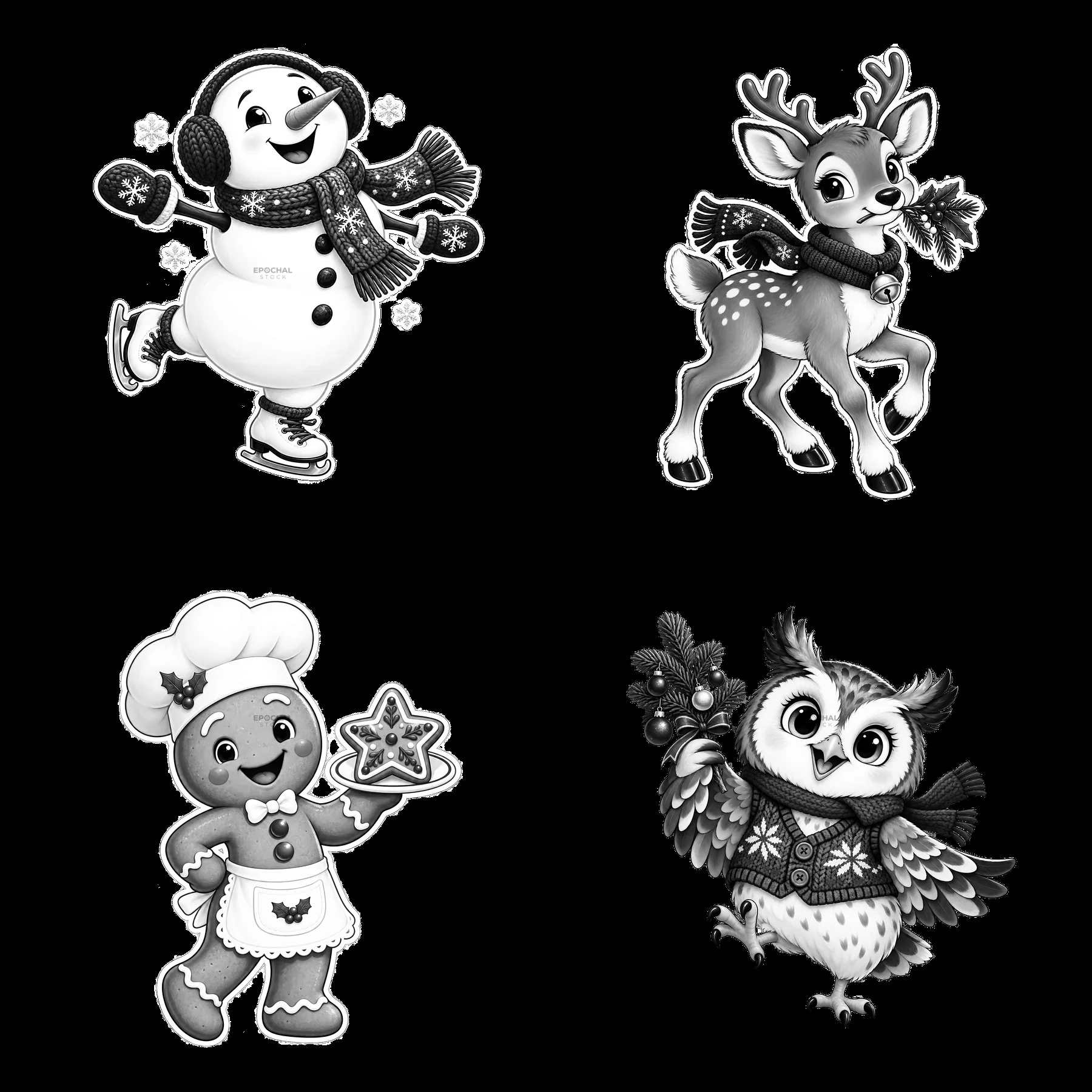 Christmas characters in black-and-white cartoon sticker illustration - AI-generated stock image