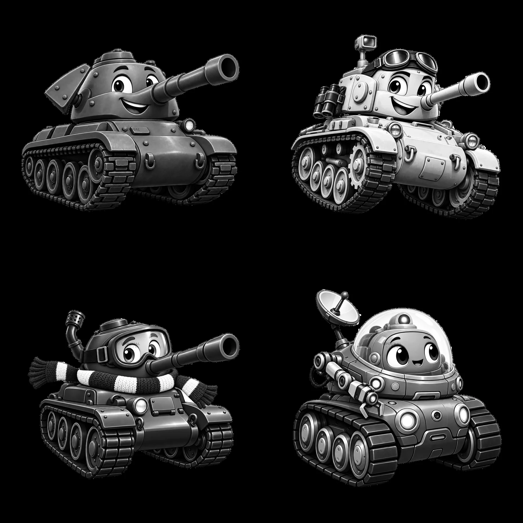 Cartoon tanks with happy faces in a black-and-white design - AI-generated stock image