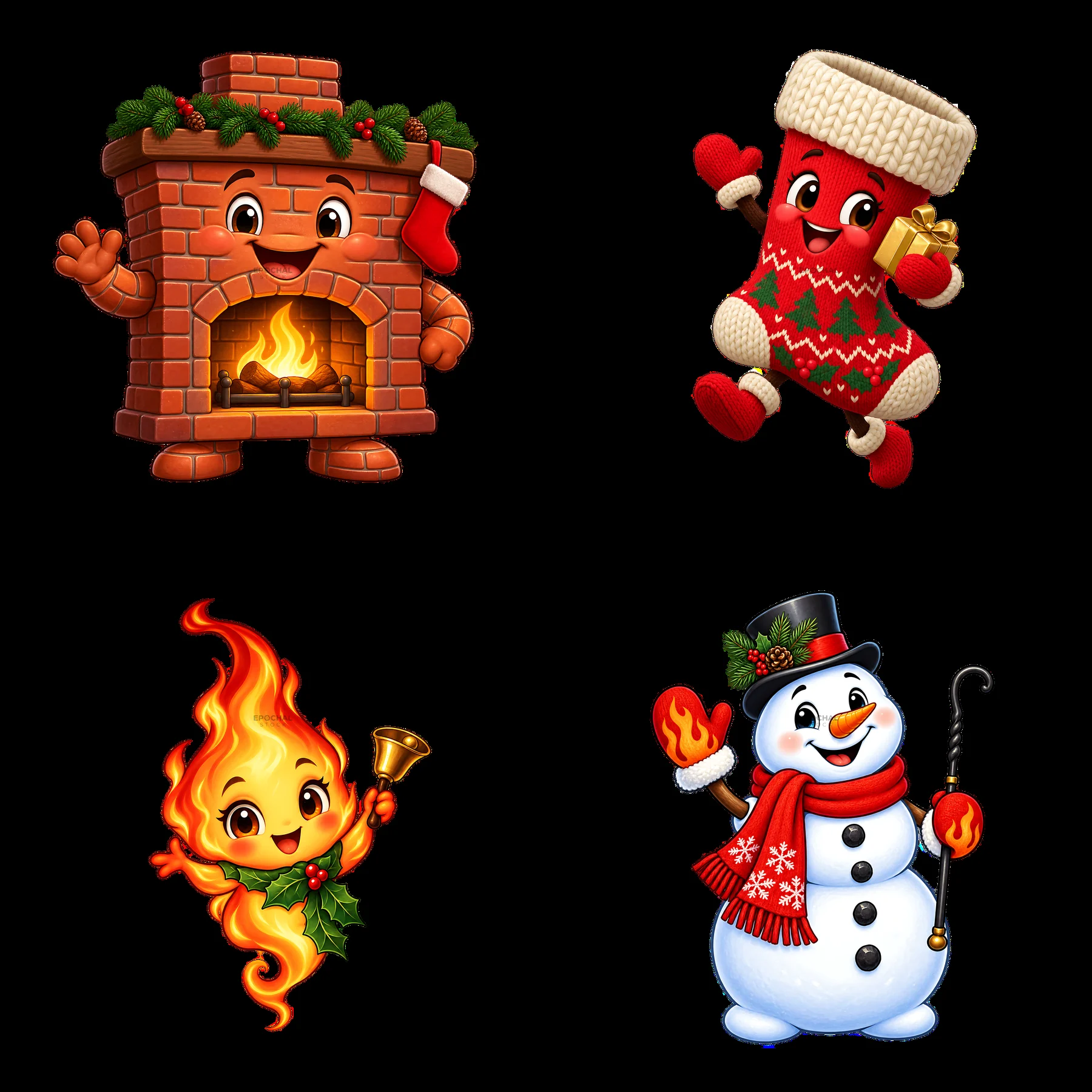 Christmas fireplace with a cheerful Santa, bell, snowman, and flames - AI-generated stock image
