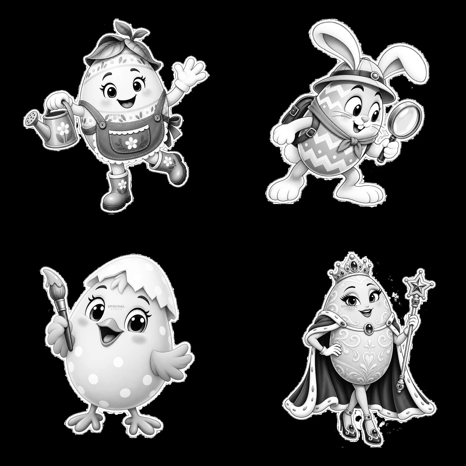 Cartoon characters celebrating Easter with eggs and accessories - AI-generated stock image