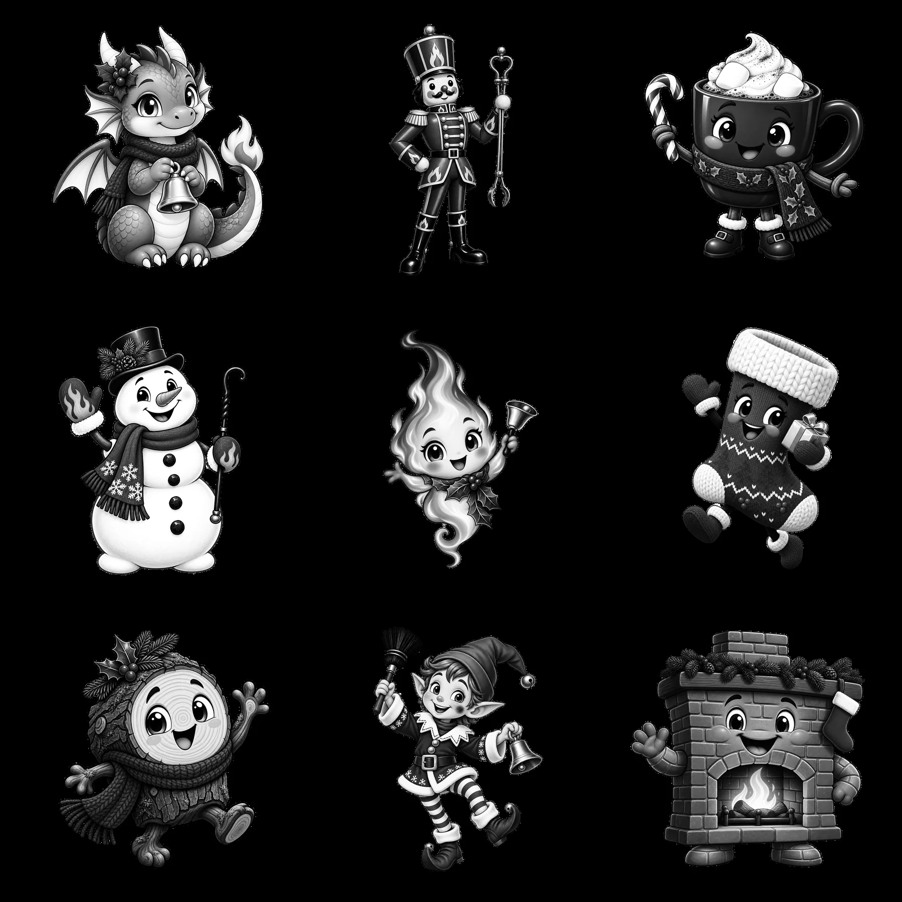 Christmas characters around a black-and-white fireplace setting - AI-generated stock image
