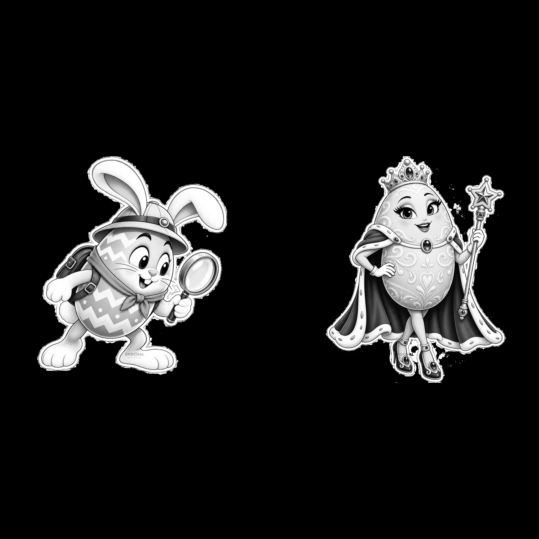 Easter egg characters with bunny detective and queen egg - AI-generated stock image
