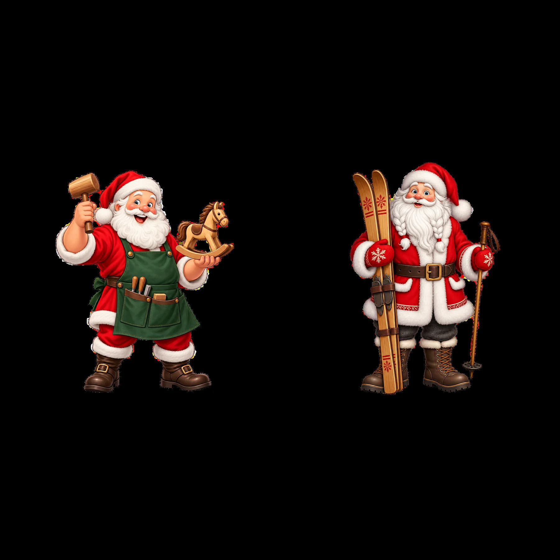 Santa Claus with a toy and a Santa Claus with skis - AI-generated stock image