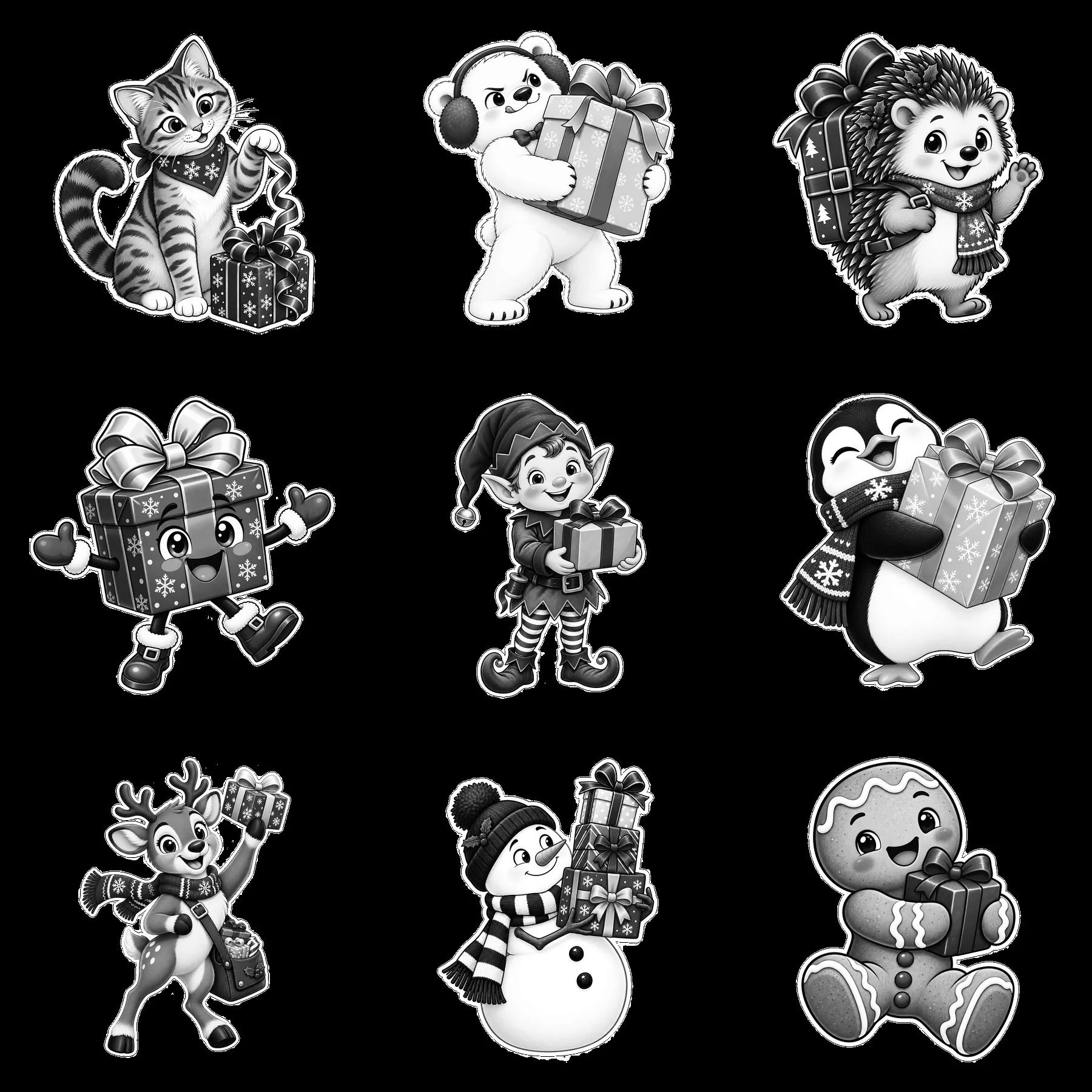 Nine cartoon characters are shown holding wrapped Christmas presents - AI-generated stock image
