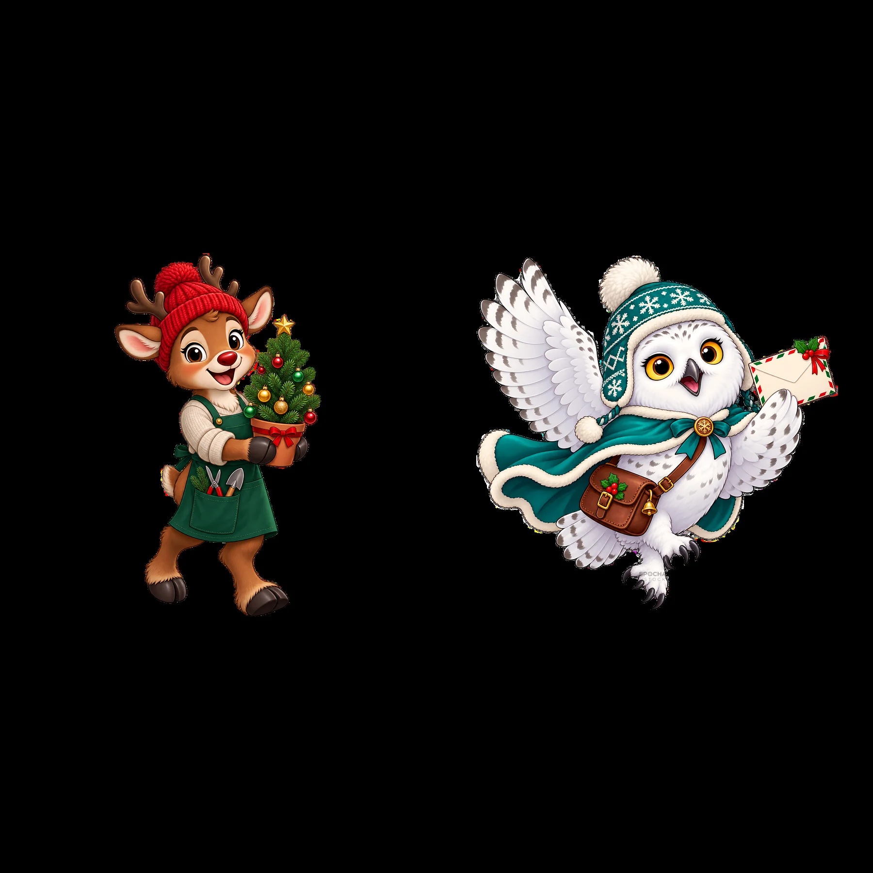 Reindeer carrying a Christmas tree and owl delivering a letter