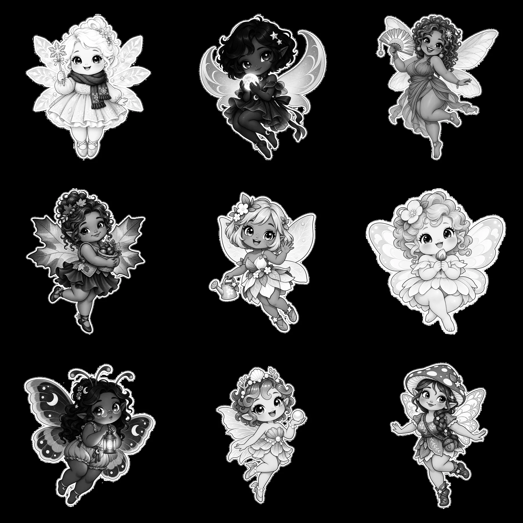Kawaii chubby fairies in a 3x3 grid formation - AI-generated stock image