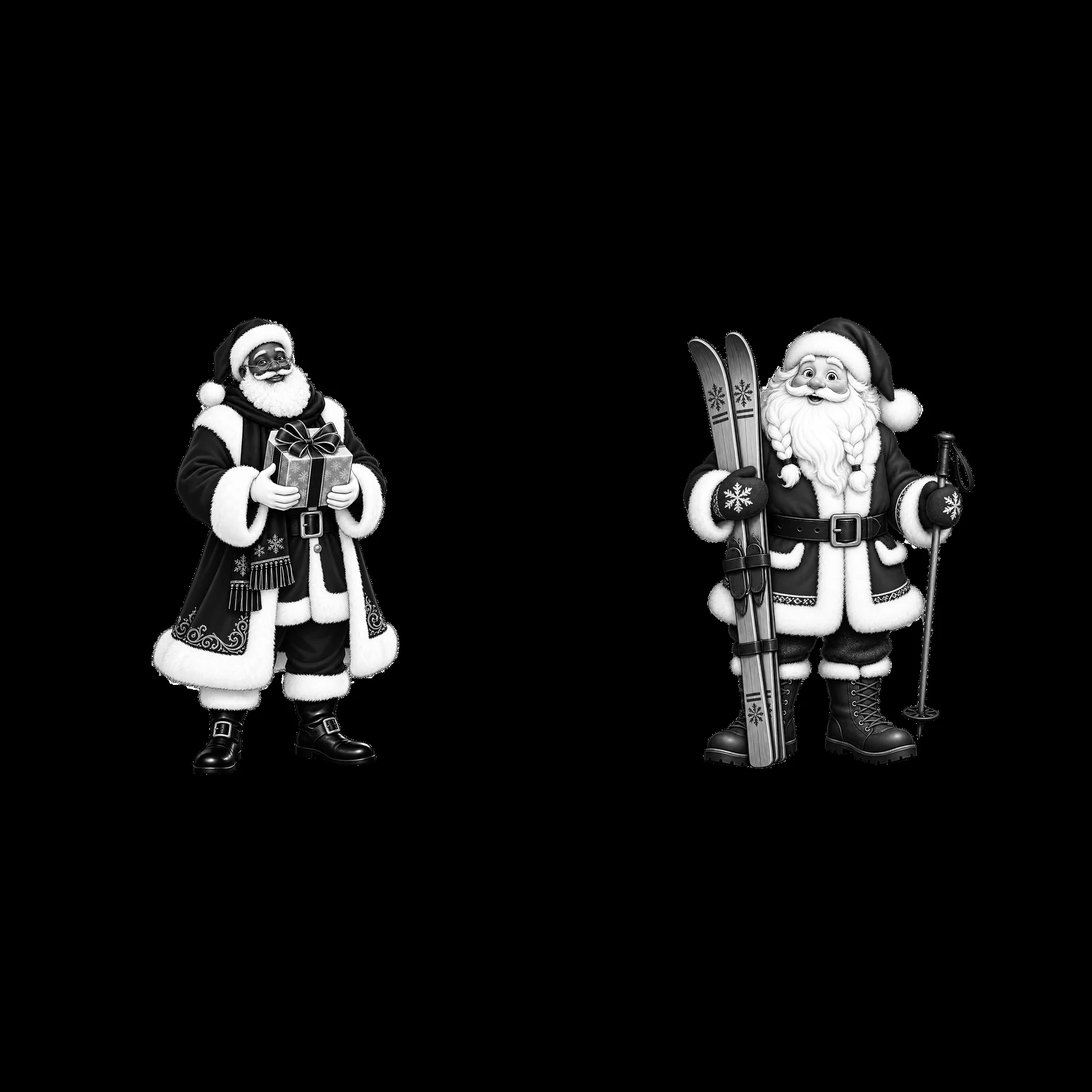 Santa Claus with gift and Santa Claus skiing - AI-generated stock image
