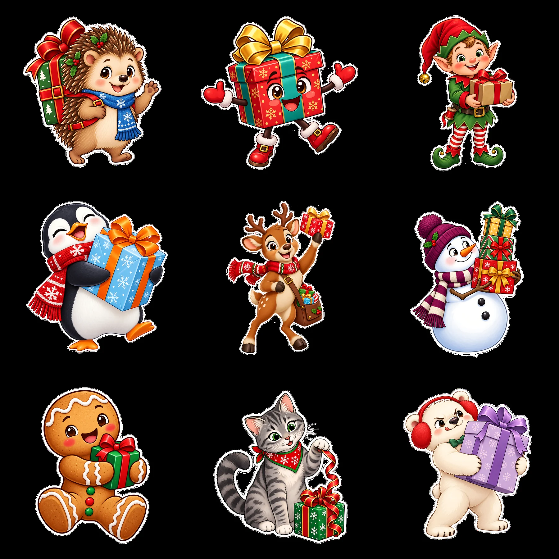 Hedgehog, elf, penguin, and more with Christmas presents in a grid - AI-generated stock image