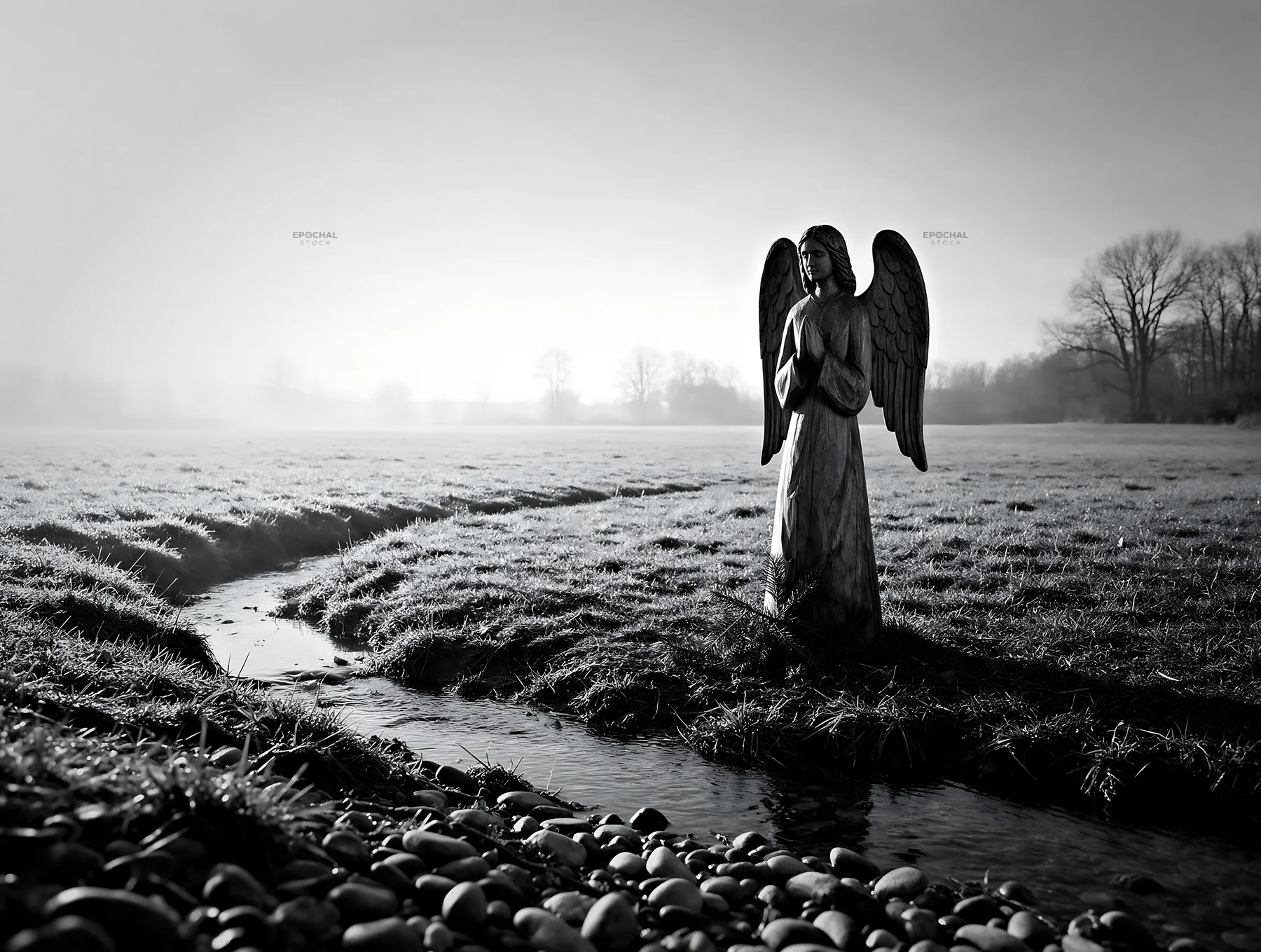 Wooden angel stands in a meadow near a creek - AI-generated stock image