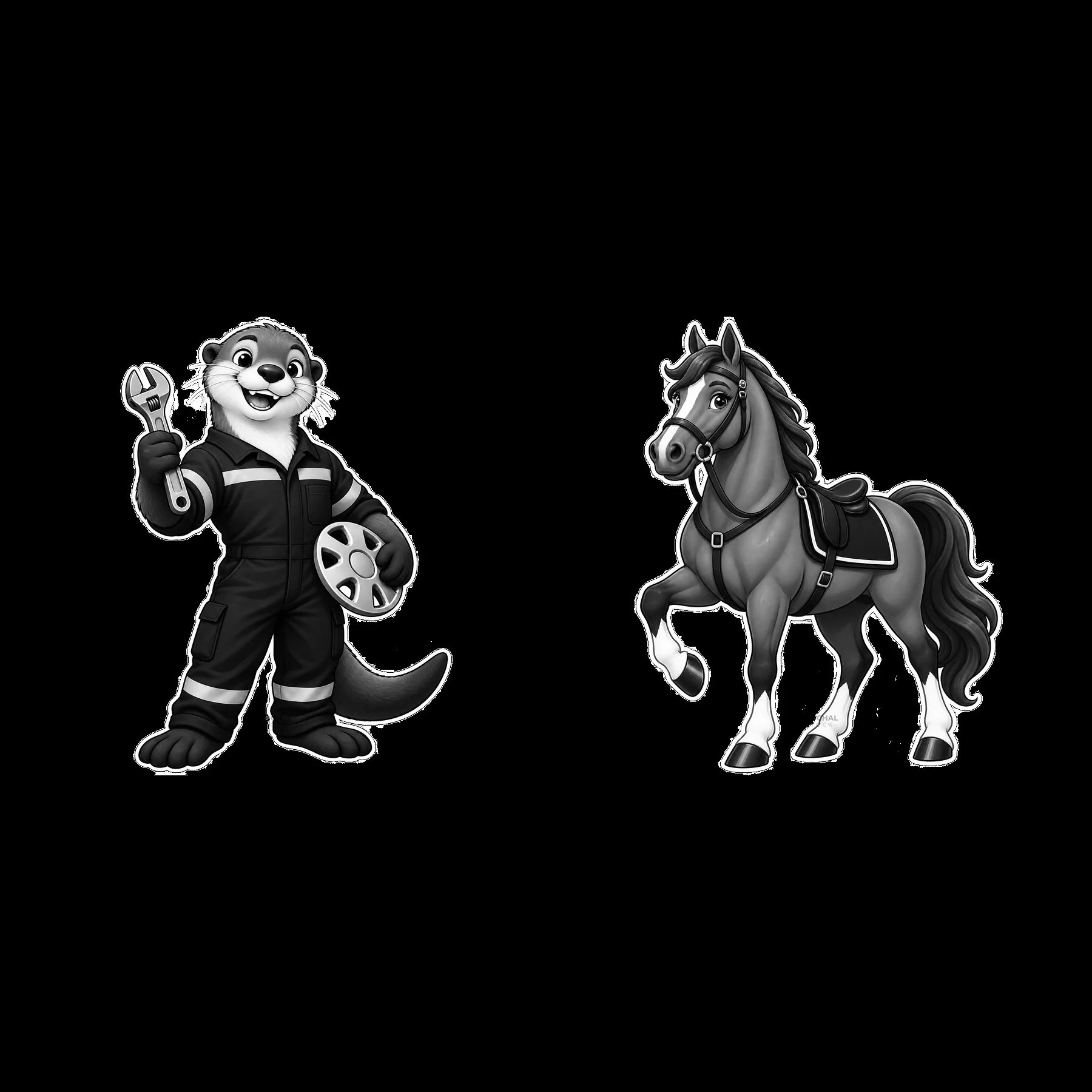 Cartoon police otter with wrench and horse illustration - AI-generated stock image