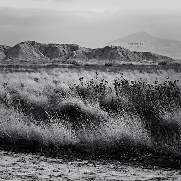 Drought-tolerant meadow with hills in the background - AI-generated stock image