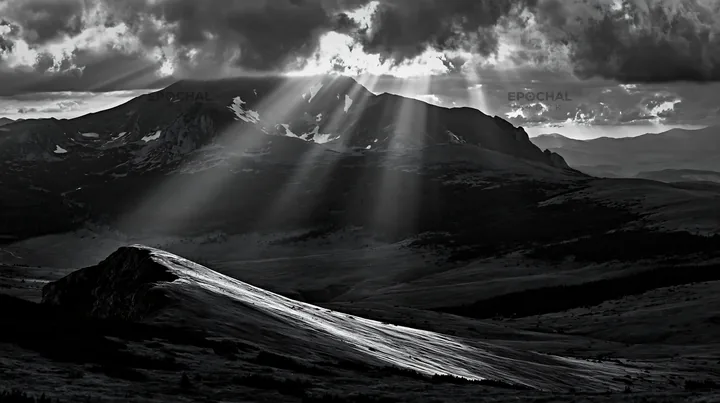 Light rays shine on a meadow in Bucegi Mountains - AI-generated stock image