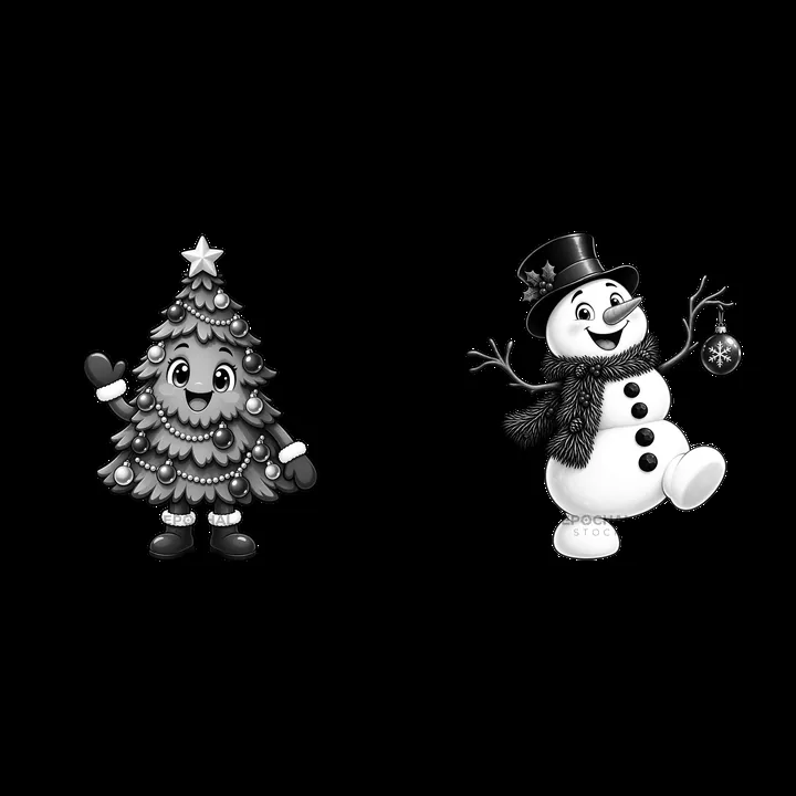 Cheerful Christmas tree and snowman characters in black and white - AI-generated stock image