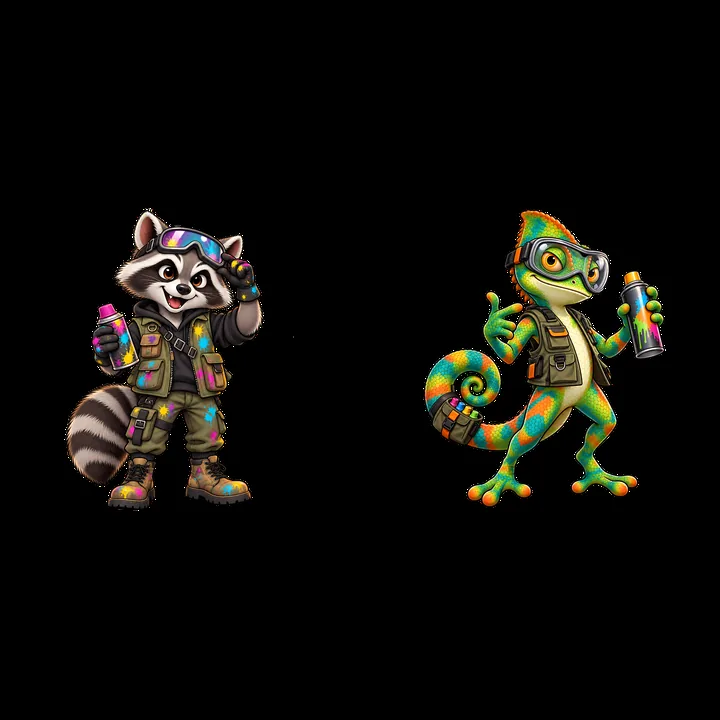 Graffiti sprayer raccoon and chameleon cartoon sticker pair - AI-generated stock image