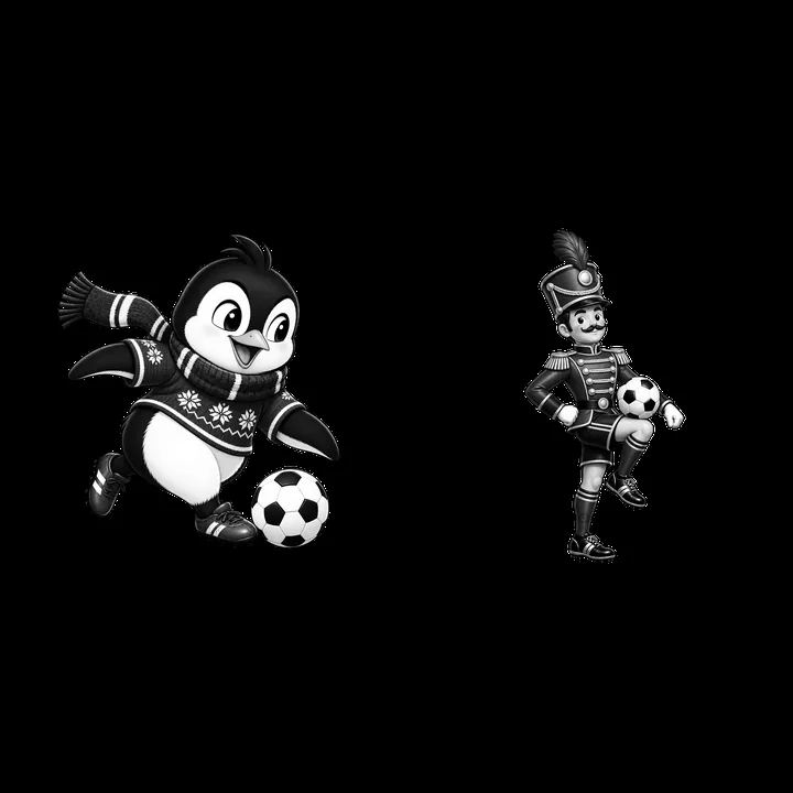 Penguin and soldier cartoon characters playing soccer for Christmas - AI-generated stock image