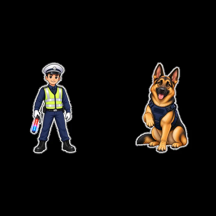 Police officer and police dog cartoon sticker pair - AI-generated stock image