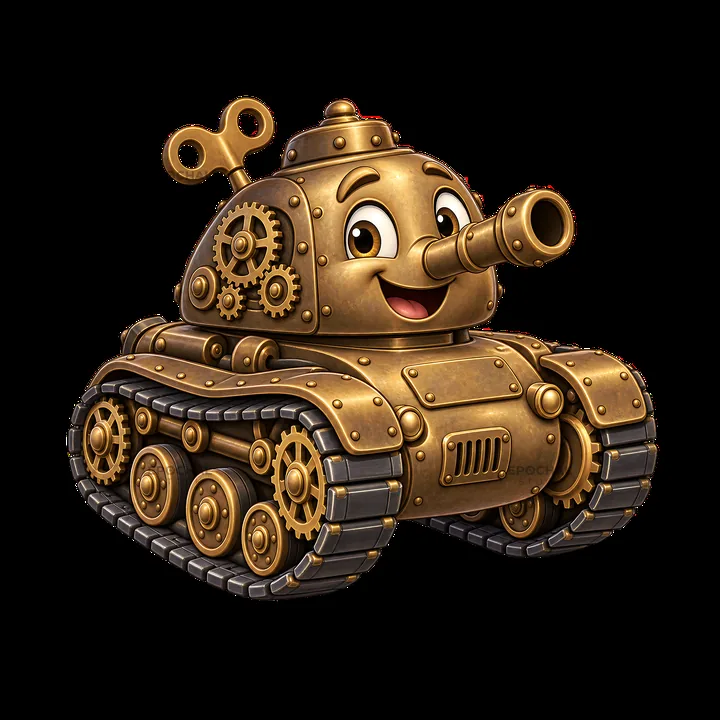 Cartoon tank with a smiling face and wind-up key - AI-generated stock image