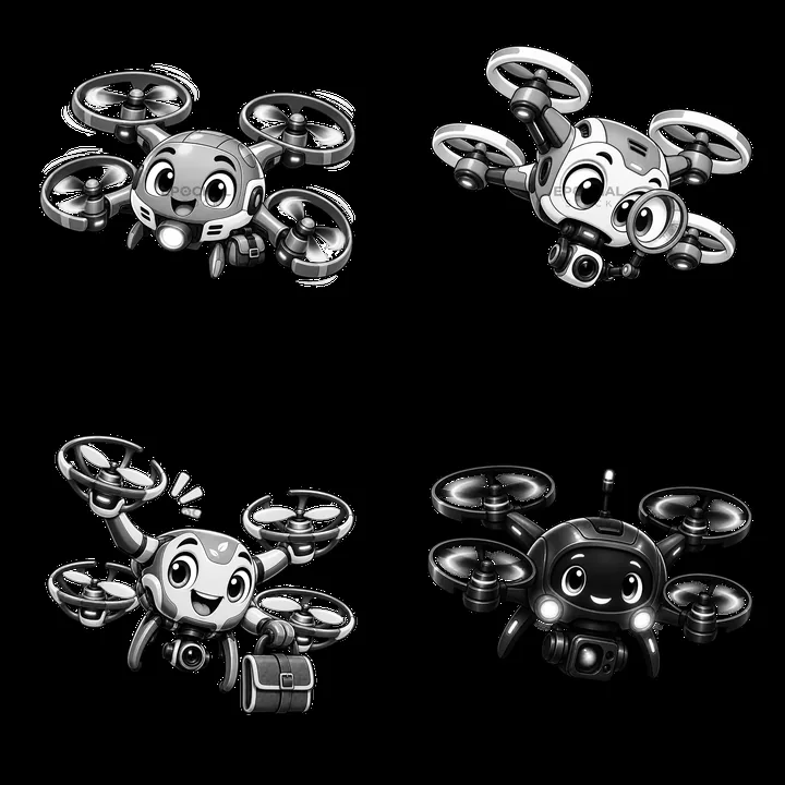Cartoon drones with facial expressions and accessories in four designs - AI-generated stock image
