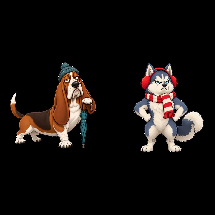 Grumpy dog sticker set featuring a basset hound and a husky - AI-generated stock image