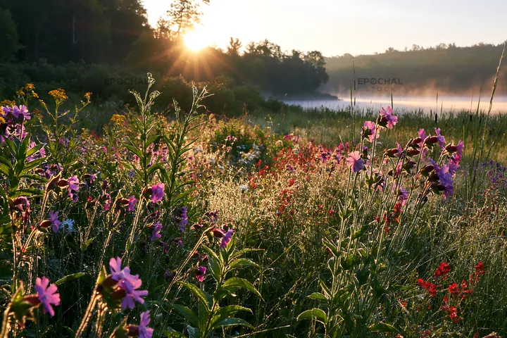 Sunlit lakeside meadow with flowers and morning light - AI-generated stock image