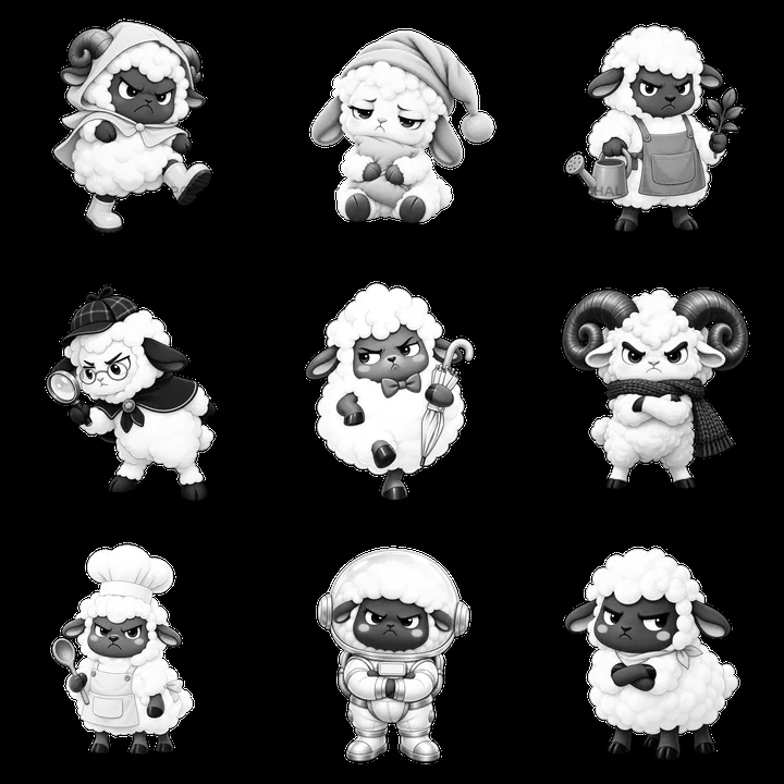 Kawaii grumpy sheep in various activities and expressions - AI-generated stock image