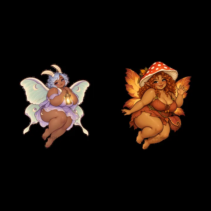 Kawaii ultra-fat fairies with lantern and mushroom details - AI-generated stock image