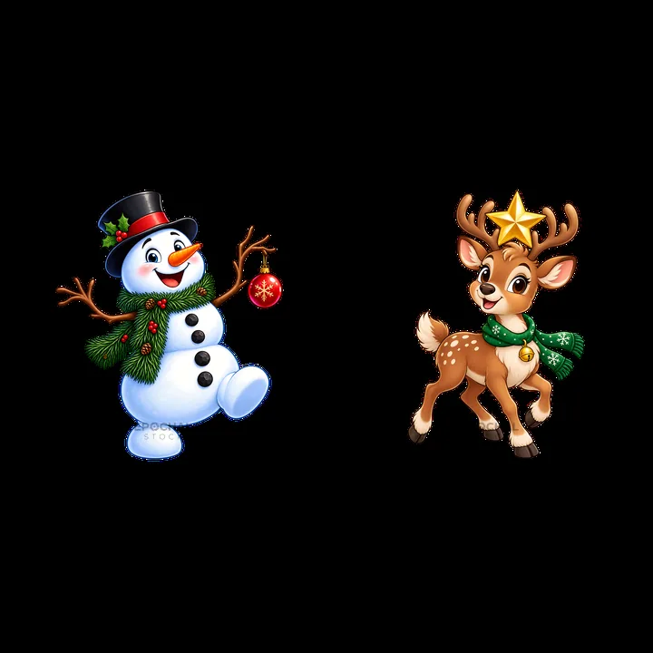 Snowman and reindeer characters celebrating Christmas together - AI-generated stock image