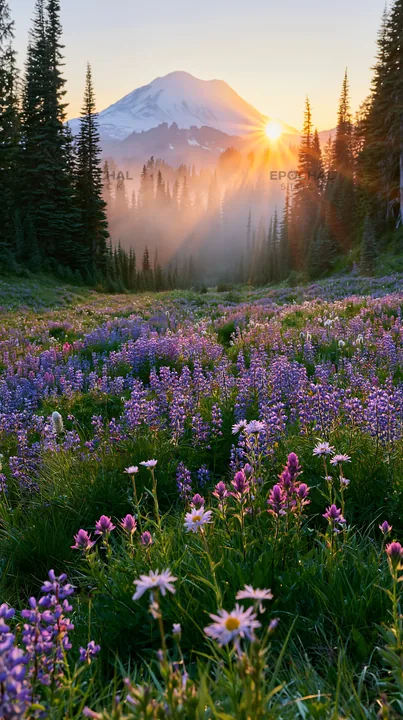 Mount Rainier wildflower meadow at sunrise - AI-generated stock image