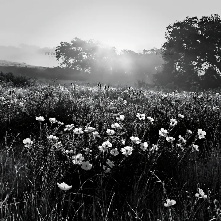 Black and white drought-tolerant meadow with wildflowers in soft morning light - AI-generated stock image