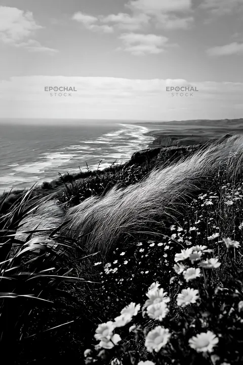 Clifftop meadow overlooking ocean waves and shoreline - AI-generated stock image